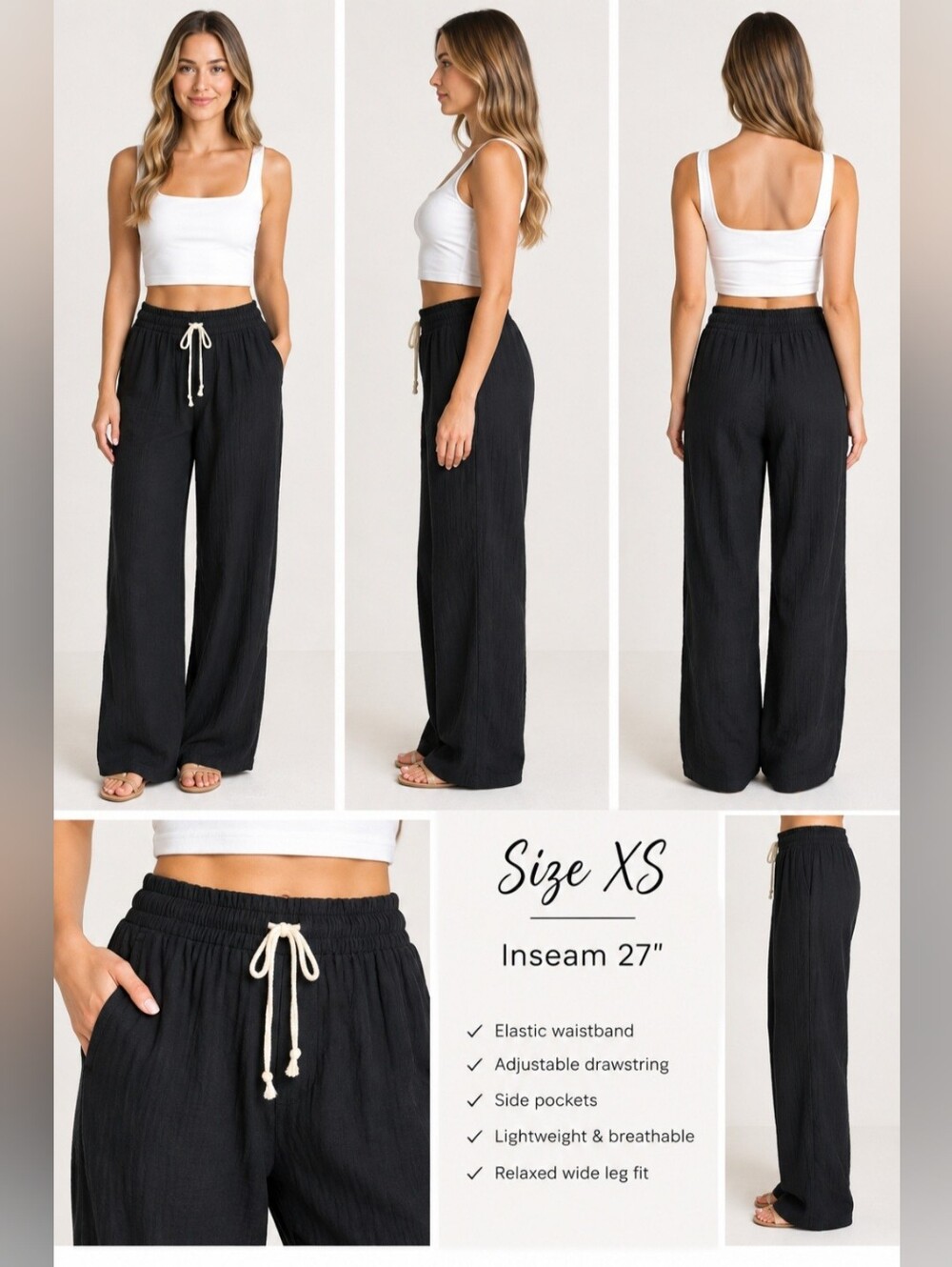 Old Navy Black Linen Barrel-Leg Pants XS Drawstring Elastic Waist Comfort NWT